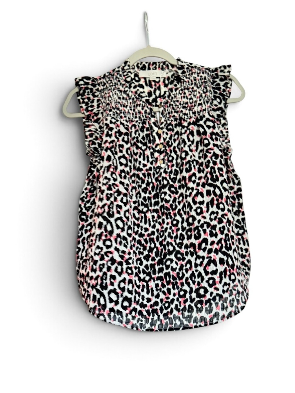 LOFT Black & Pink Leopard Print Smocked Sleeveless Blouse XS